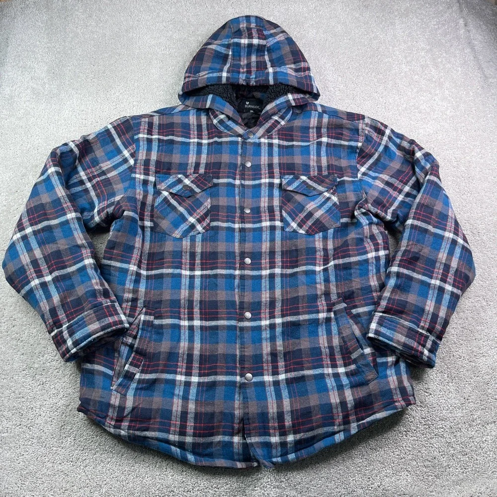 Burnside Shirt Jacket Mens 2XL Blue Plaid Quilted Lined Hooded Flannel Shacket